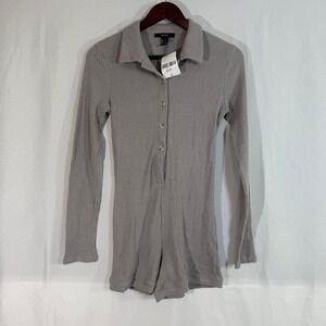 NWT Forever 21‎ Grey Ribbed Romper Collared Long Sleeve Size Large Womens Lounge